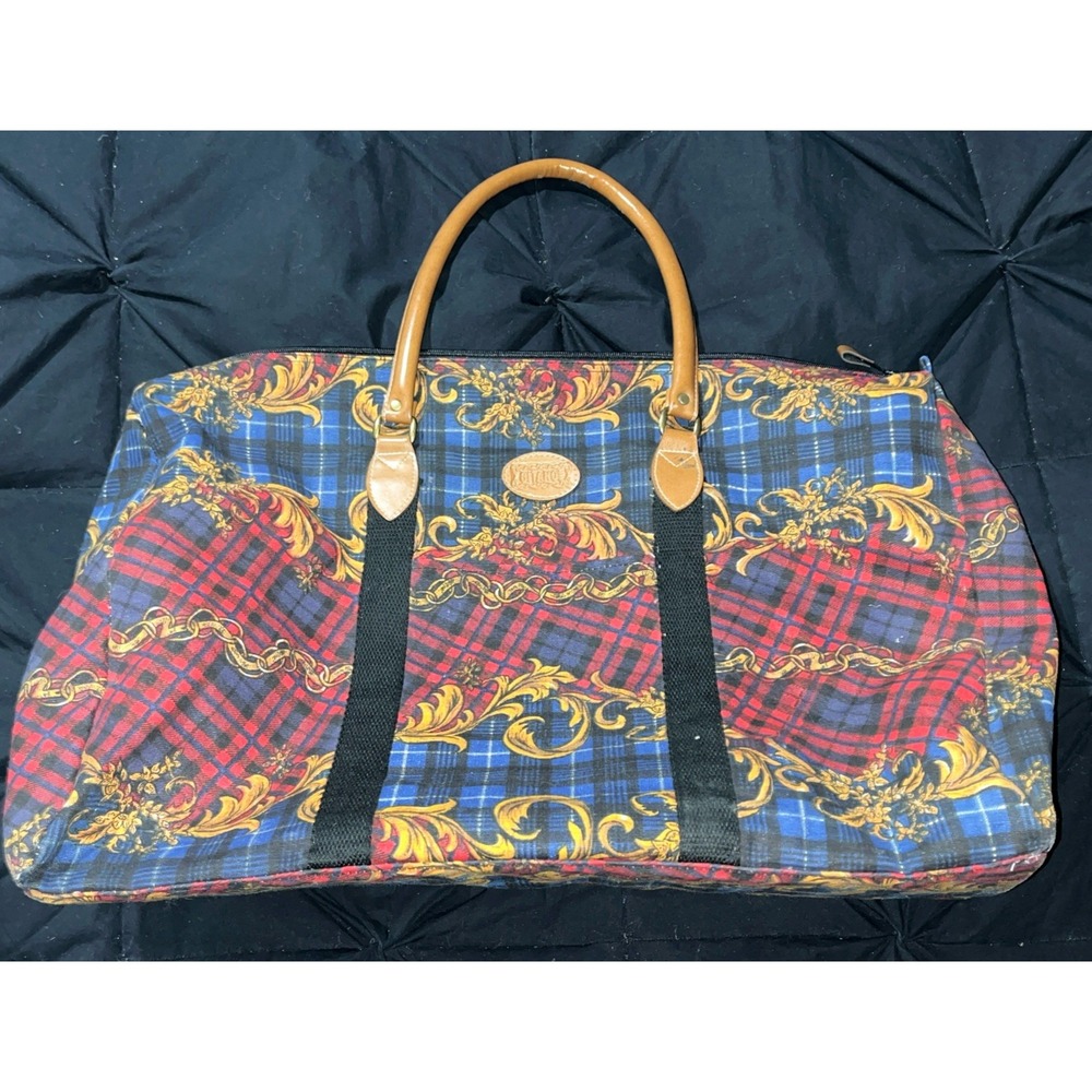 Vintage Gitano Large Canvas Plaid Filigree Travel Duffle Weekender Tote Bag 90's